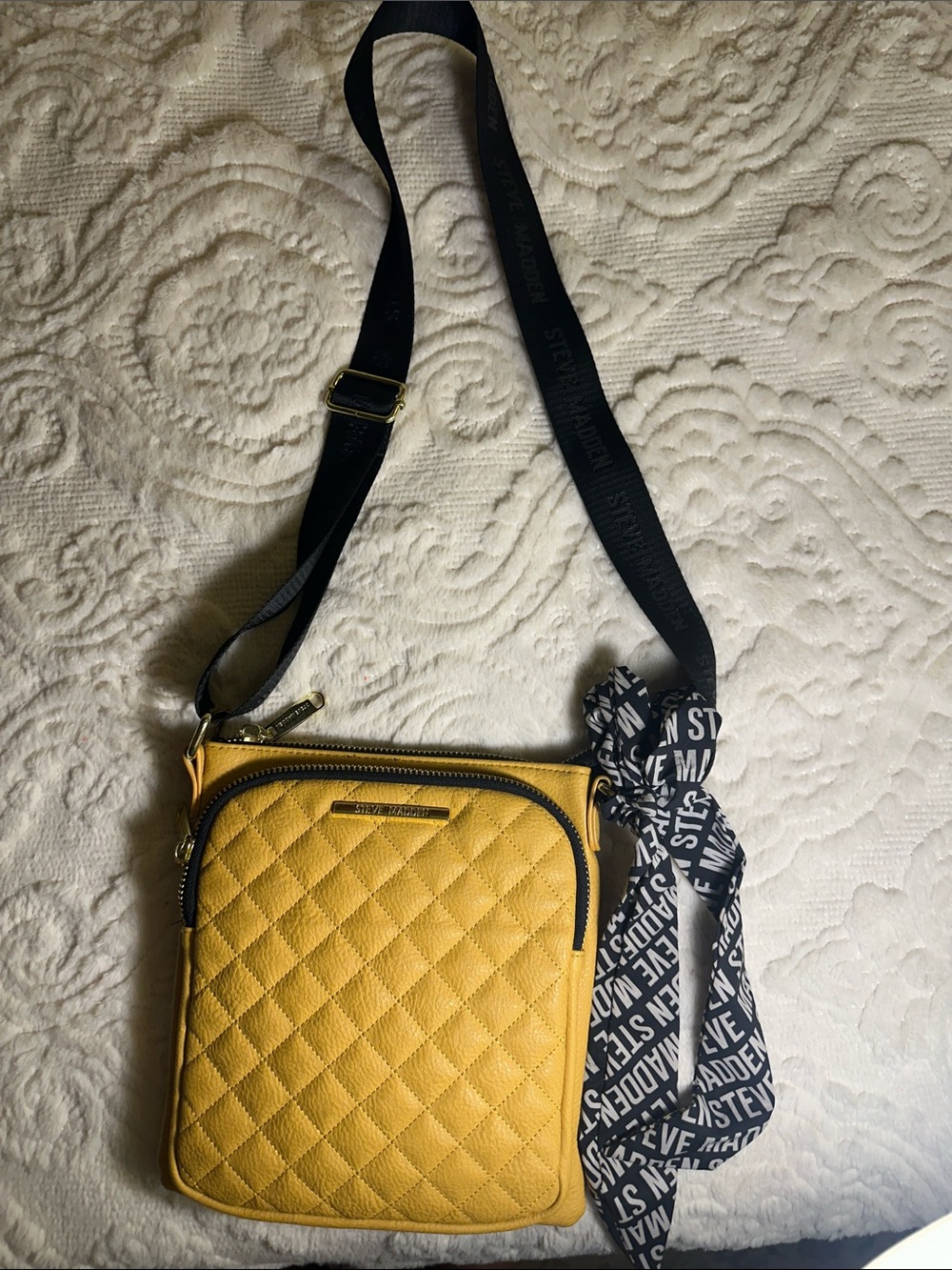 Steve Madden Yellow Quilted Crossbody with Branded Strap Scarf